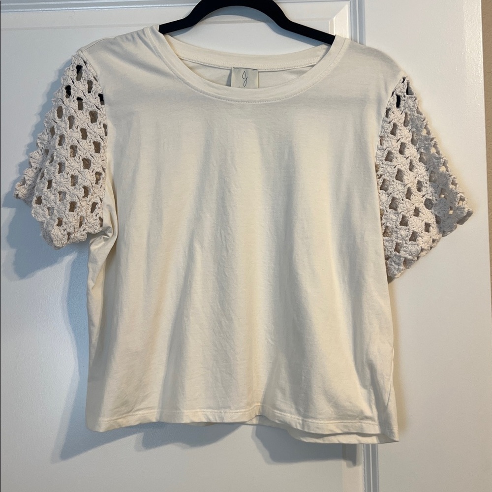 NWOT Joie Elegant Cream Women's Top with Crochet Sleeves, size Medium